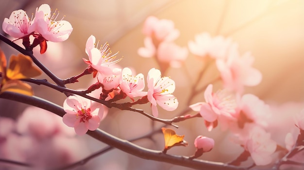 Frontera de primavera o arte de fondo con flor rosada y fondo de luz solar hermoso árbol en flor