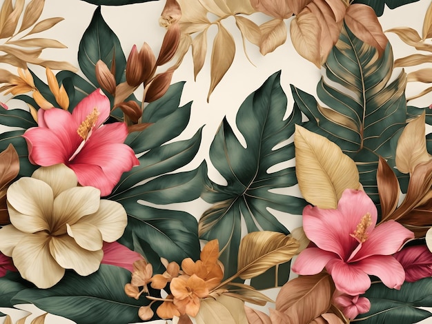 Foto frontera tropical sin costuras ilustración de lujo hojas doradas rosadas marrones beige verdes exóticas