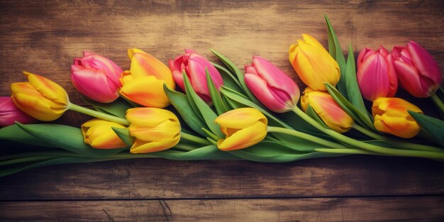 Frontera de tulipanes con espacio de copia Ramo de flores de tulipanes sobre un fondo de madera