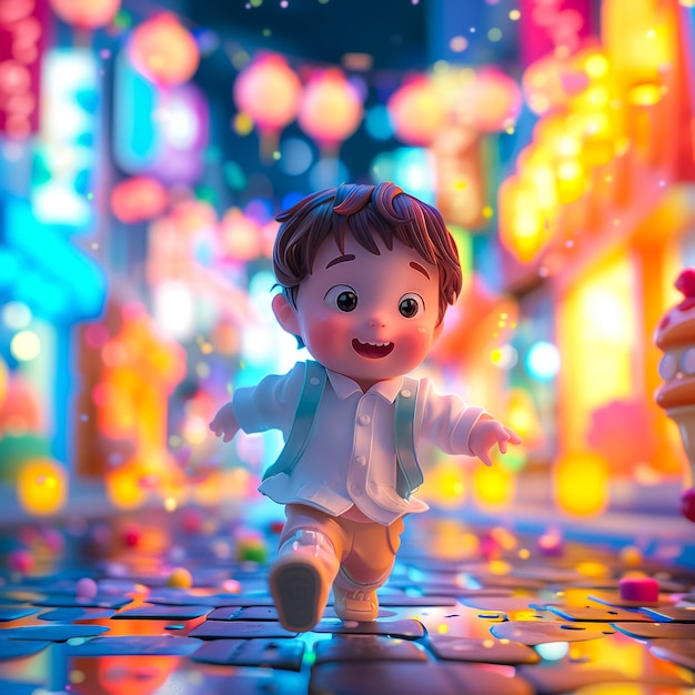 FrontviewEin süßer kleiner Junge läuft in einer magischen WeltBlind Boxip von PopmartStyle of DisneyStyle von
