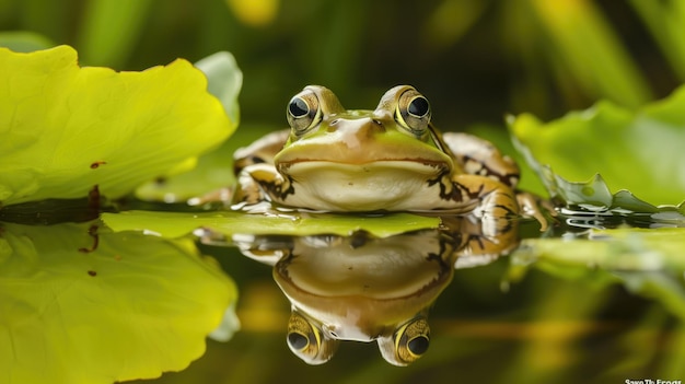 Frosch auf einem in Wasser reflektierten Lilienblatt