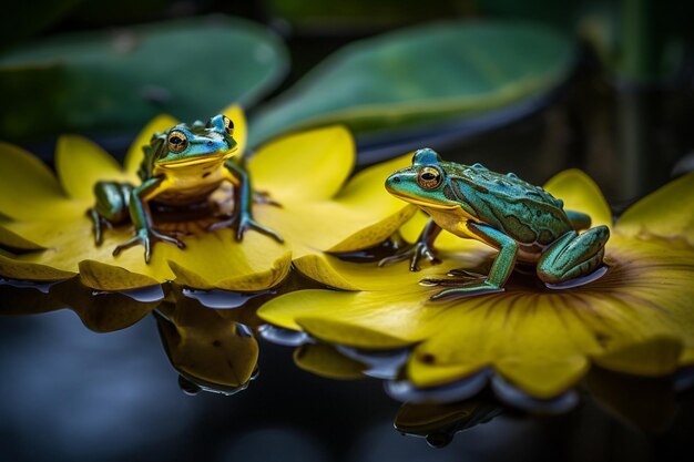 Frosch auf einer gelben Blume mit Wasserlilien