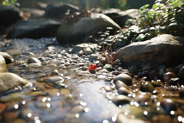 Frosch, der auf einem Flussbett sitzt, um das Wasser herum fließt