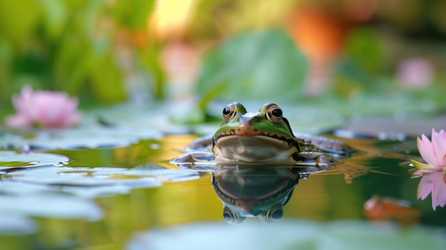 Frosch, der mit Lilien aus dem Teichwasser schaut