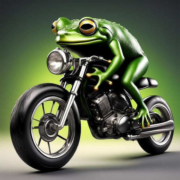 Frosch fährt schwarzes Motorrad schwarzer Frosch im grünen Lederkleid reine Perfektion göttliche Präsenz