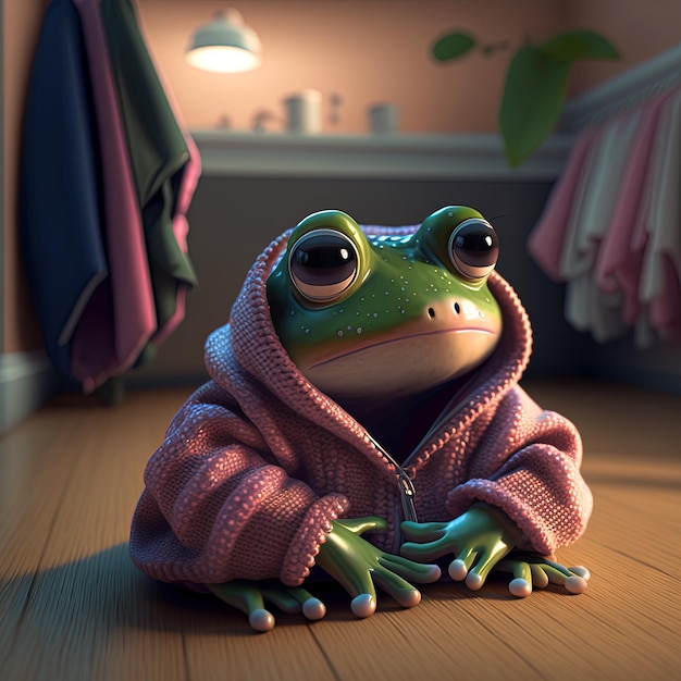 Frosch in rosa Strickpullover entspannt sich zu Hause Lustiger grüner Frosch in kuscheliger Kleidung Selbstpflegekonzept Generative KI