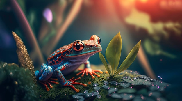 Frosch mit roten Augen Frosch sitzt oben auf einem grünen Blatt