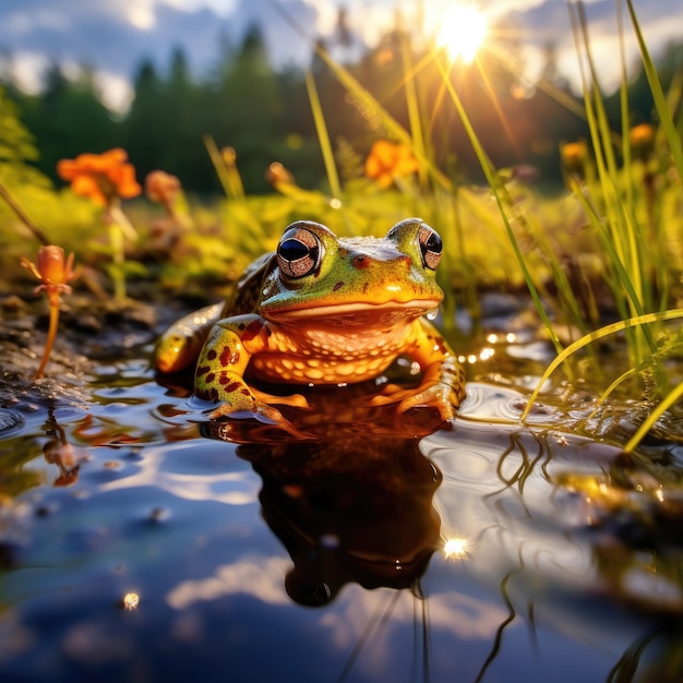 Frosch sitzt auf dem Stein in der Naturlandschaft in der Nähe des generativen Sees