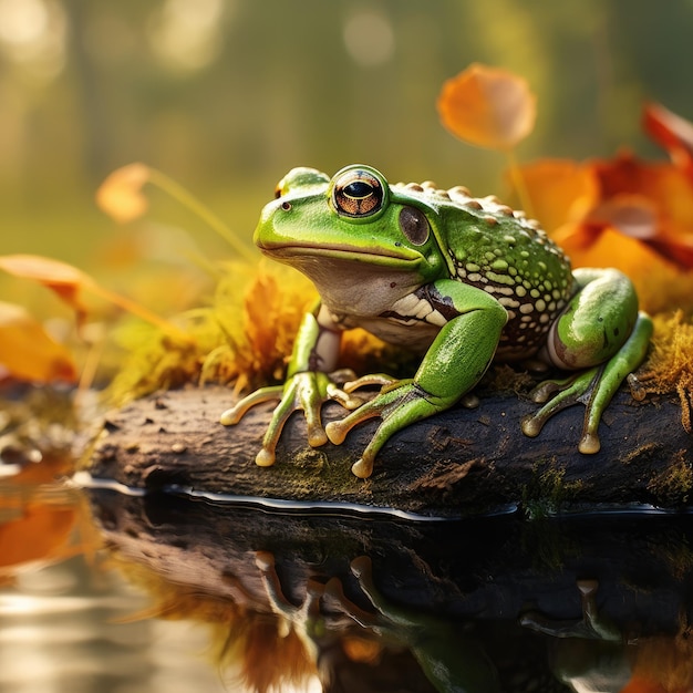 Frosch sitzt auf dem Stein in der Naturlandschaft in der Nähe des generativen Sees