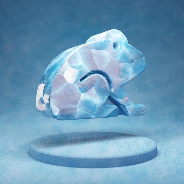 Frosch-Symbol. Gebrochenes blaues Eisfroschsymbol auf blauem Schneepodest. Social Media-Symbol für Website, Präsentation, Designvorlagenelement. 3D-Rendering.