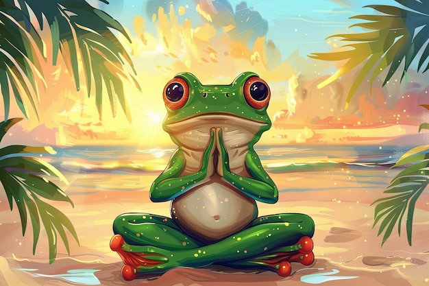 Frosch übt Yoga am Strand bei Sonnenuntergang Illustration