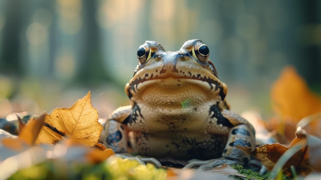 Frosch unter Herbstblättern getarnt