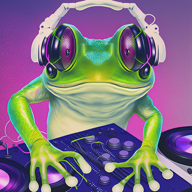 Frosch-Weihnachtsmann-DJ mit Kopfhörern Generative KI Basiert nicht auf einer tatsächlichen Szene