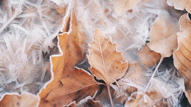 Frost bedeckte Nahaufnahme Herbstblätter wunderschöner Hintergrund Kaltes Wetter gefrorene Winter saisonale Szene