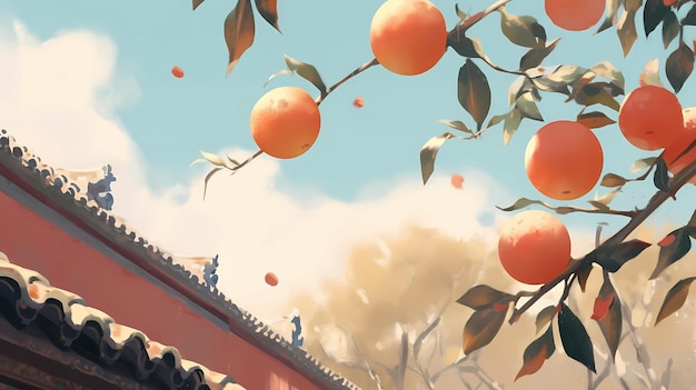 Frost cai termos solares outono persimmon árvore estética ilustração de estilo chinês