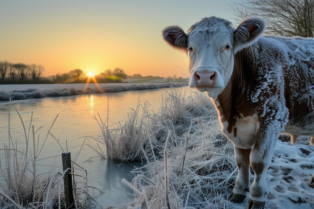 Frostbedeckte Kuh steht bei Sonnenaufgang neben einem eisigen Teich