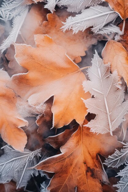 Frostbedeckte Nahaufnahme Herbstblätter schöner Hintergrund Kaltes Wetter gefrorene winterliche Saisonszene