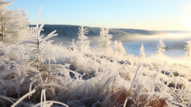 Foto frostbedecktes feld neben einem wald