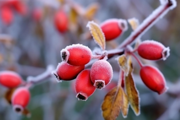 Foto frostgeküsster hagebuttenstrauch, geschmückt mit roten beeren