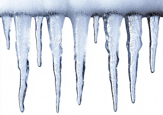 Frostige Eiskugeln hängen auf einem weißen Hintergrund.