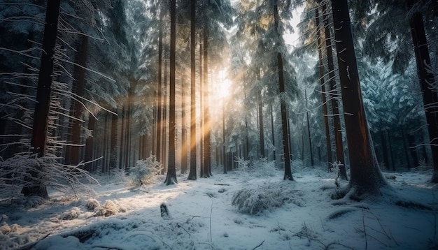 Frostige Kiefer steht in einem ruhigen, von KI generierten Winterwald