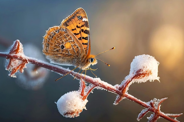 Frostiger Morgen und Schmetterling im Winter auf generativem ai der dünnen Niederlassung