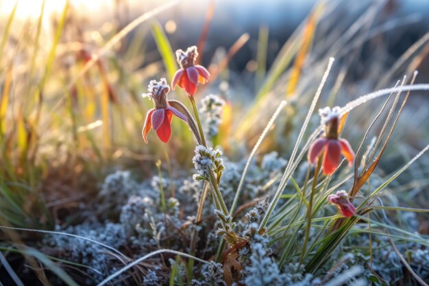 Foto frostiges gras mit durchschauenden bunten wildblumen, erstellt mit generativer ki