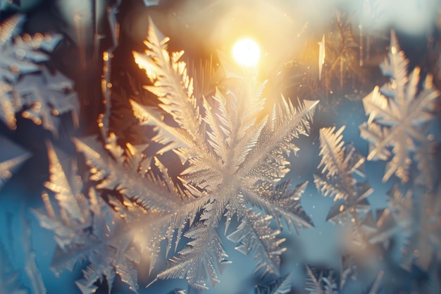 Frostmuster auf dem Fenster, festlicher Bokeh-Hintergrund