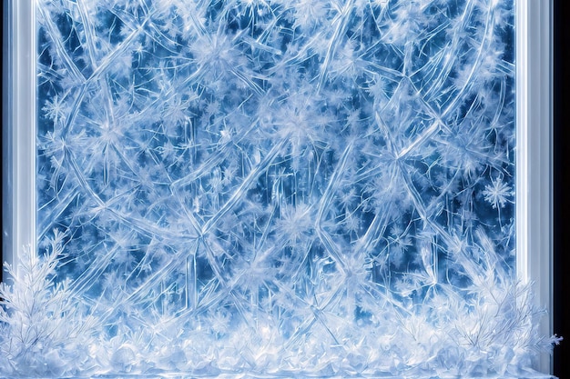 Frostwork Cerca de copos de nieve y escarcha en el cristal de la ventana Fondo de invierno