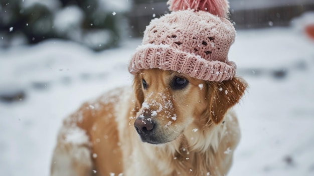 Frosty Paws Una caprichosa fashionista canina hace alarde de un sombrero de punto rosa en medio del brillo