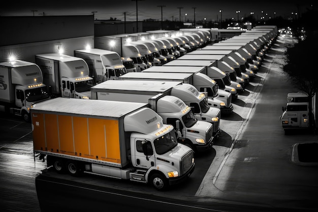 Foto frota de caminhões de entrega em um depósito movimentado