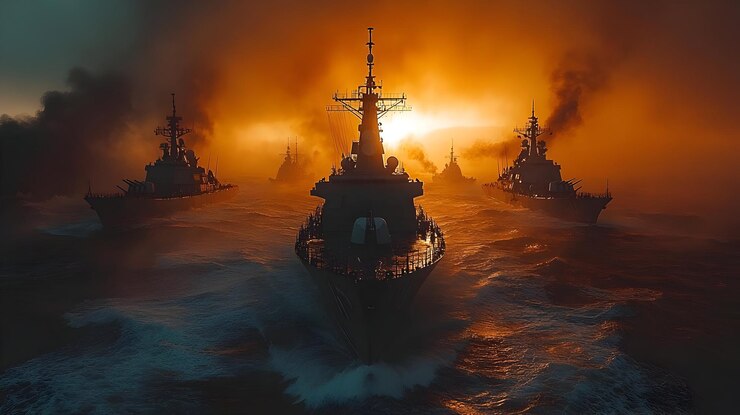 Foto frota de navios de guerra ao pôr-do-sol ilustração 3d