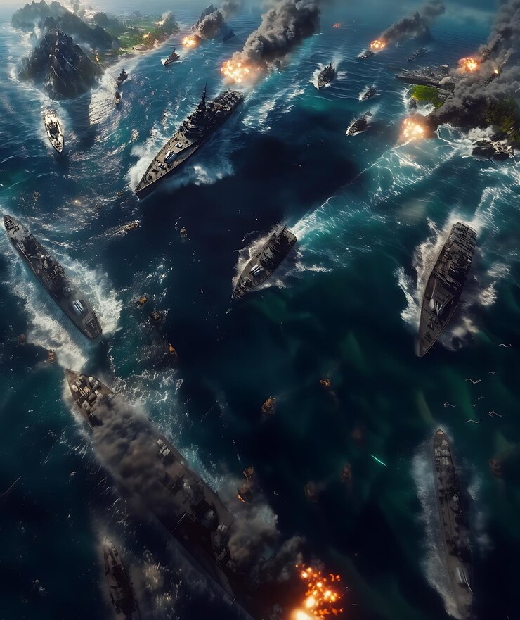 Foto frota de navios no oceano com fumaça saindo deles