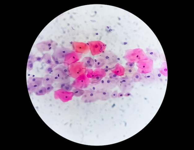 Frotis de Papanicolaou bajo microscopía que muestra un frotis inflamatorio con cambios relacionados con el VPH. Cáncer de cuello uterino