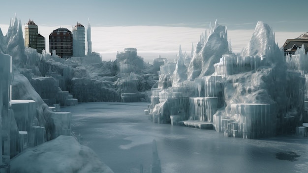 Frozen Metropolis Uma pintura fosca 3D hiperdetalhada de uma cidade de gelo em 2080 com um rio e edifícios altos