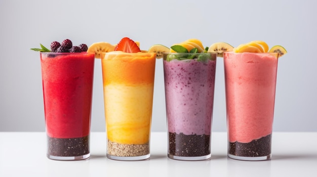 Frucht-Smoothies in durchsichtigen Glasgläsern