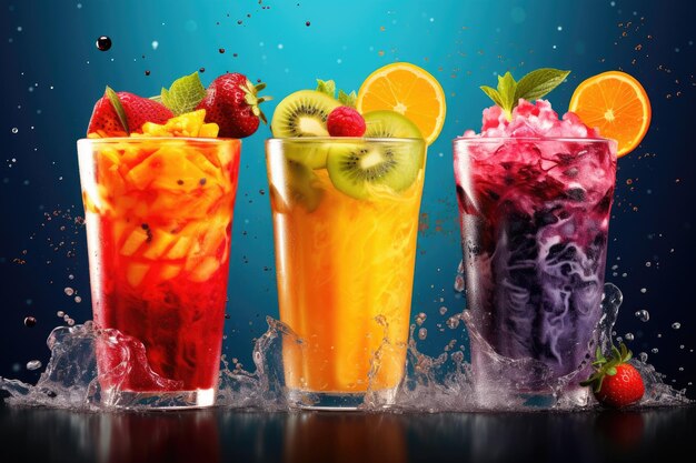 Frucht- und Beeren-Smoothies in Gläsern mit Spritzern auf blauem Hintergrund. Frucht-Smoothies in Gläsern mit bunten Spritzern. Mixed Media AI generiert