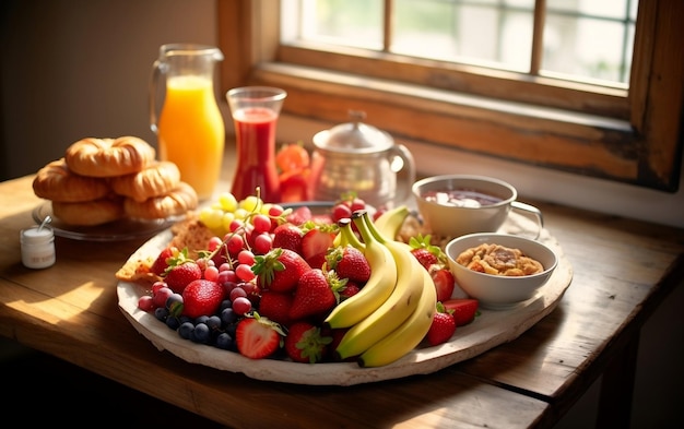 Fruchtbares Frühstück auf einem Holztisch KI