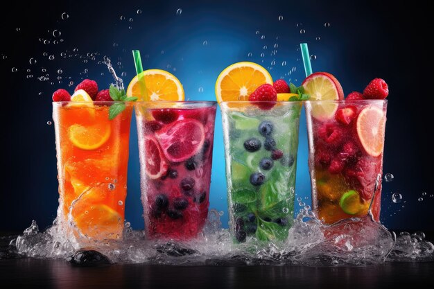 Fruchtcocktails mit Eiswürfeln und Spritzern auf dunklem Hintergrund Fruchtsmoothies im Glas mit bunten Spritzern Mixed Media AI generiert