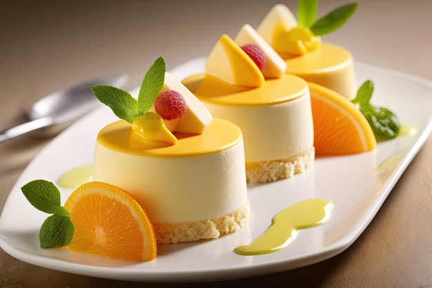 Fruchtige Zitrusmousse-Kuchen mit Sahne auf dem Teller, die mit generativer KI erstellt wurden