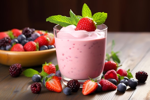 Fruchtjoghurt-Smoothie mit frischen Beeren im Glas