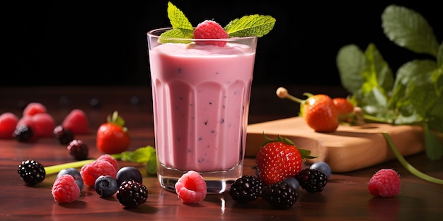 Fruchtjoghurt-Smoothie mit frischen Beeren im Glas