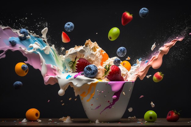 Fruchtjoghurt-Splash-Milk-Blow-Aromen-Illustration Generative KI
