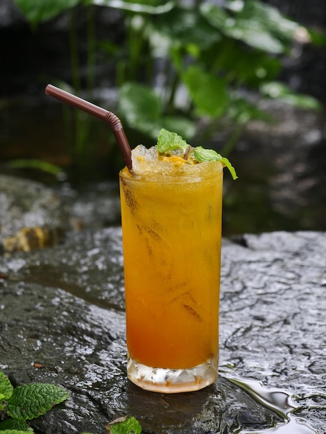 Fruchtsaft Frucht-Smoothie Fruchtsaft Fruchtsaft im Glas Auf einem Felsen in der Nähe des Wasserfalls platziert