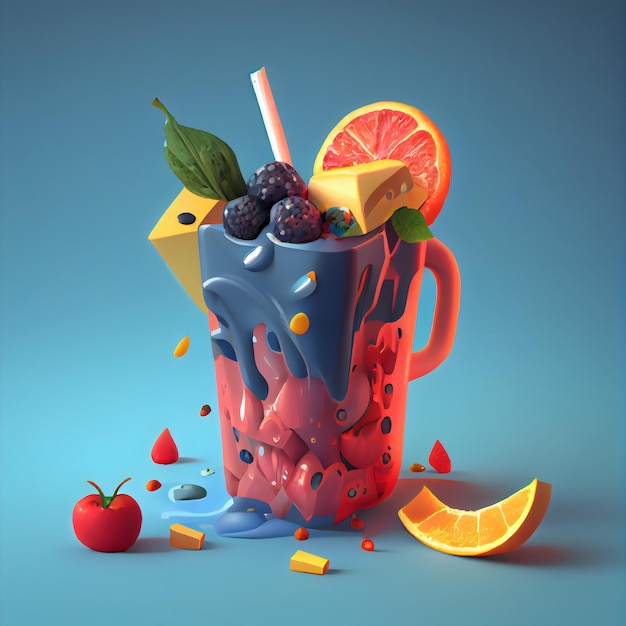 Fruchtsaft in einem Glas mit Früchten und Beeren 3D-Illustration