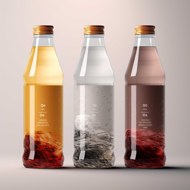 Fruchtsaft in Flaschen mit Spritzern auf dunklem Hintergrund, 3D-Illustration