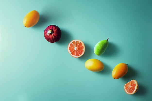 Fruchtzusammensetzung auf blauem Hintergrund Geschnittene Früchte, die auf der Oberfläche liegen