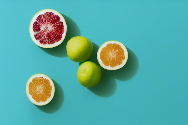 Fruchtzusammensetzung auf türkisfarbenem Hintergrund Auf der Oberfläche liegende Grapefruit-Äpfel-Orangen in Scheiben geschnitten