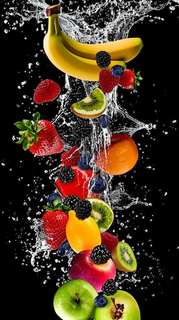 Früchte auf schwarzem Hintergrund mit Wasserspritz