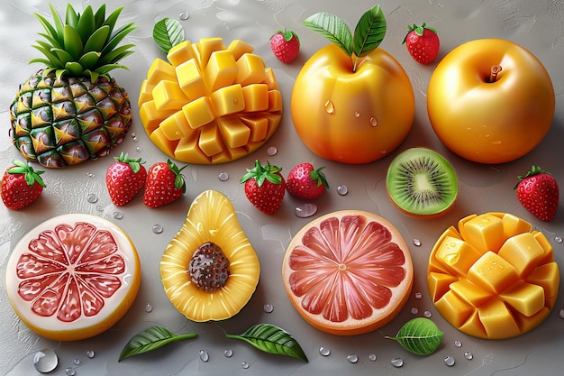 Foto früchte banane ananas apfel mango kiwi frucht pfirsich birne ganz und in stücken realistische illustration moderne 3d-ikonen